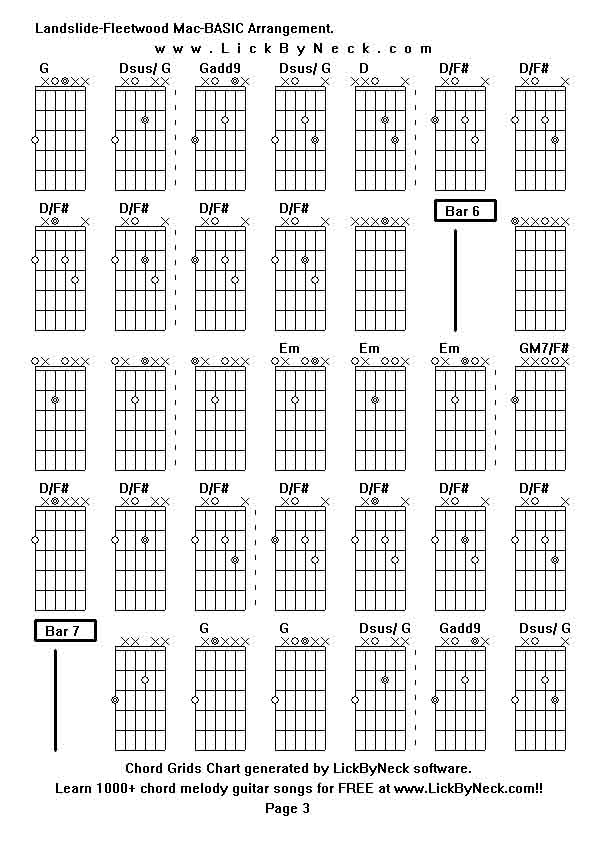 Chord Grids Chart of chord melody fingerstyle guitar song-Landslide-Fleetwood Mac-BASIC Arrangement,generated by LickByNeck software.